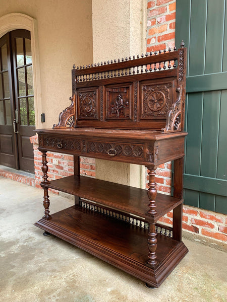 19th century  French Carved Oak Server Sideboard Display Breton Brittany Marble
