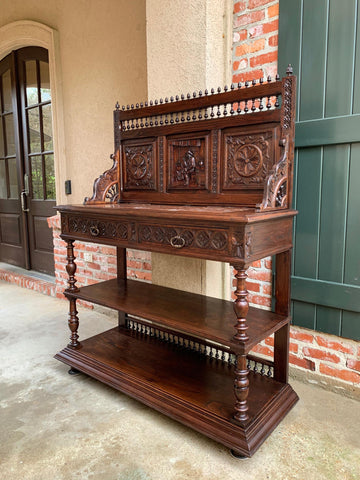 19th century  French Carved Oak Server Sideboard Display Breton Brittany Marble