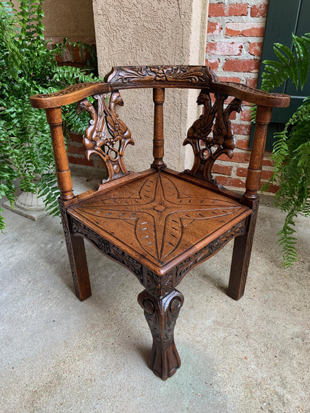 Antique French Carved Oak Corner Arm Chair Renaissance Louis XIV style