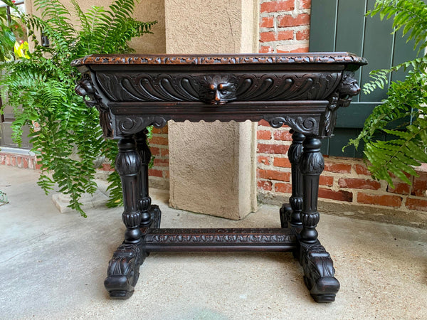 Antique Petite French Carved Oak Dolphin Table Desk Renaissance Gothic 19th c