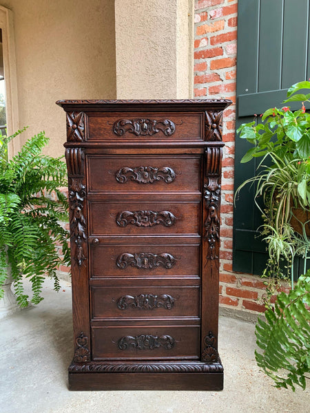 Antique French Carved Oak Tall Cabinet Faux Chest of Drawers Louis XIV style