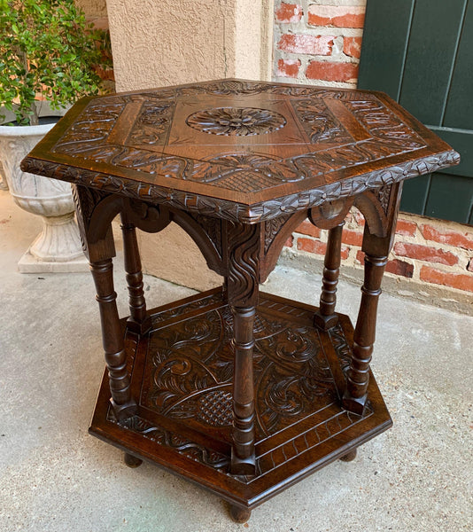 19th century French Carved Oak Center Side Table Hexagon Two Tier Shelf