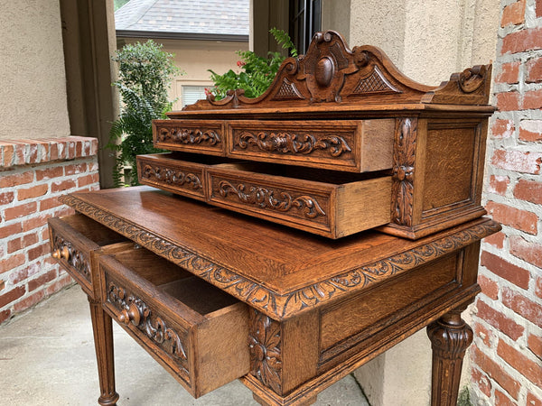 19th century Petite French Carved Oak Secretary Writing Desk Louis XVI Style