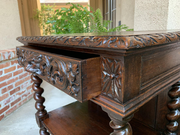 Antique French Carved Oak Petite Bookcase Server Barley Twist Display Louis XIII