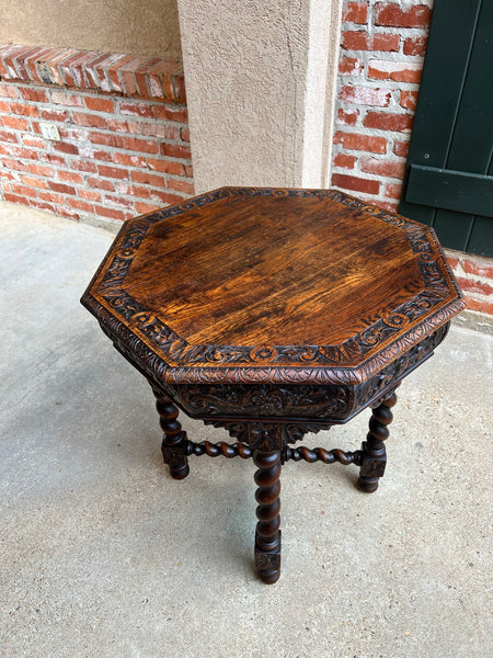 Antique French Octagon Sofa Table Carved Oak Barley Twist Louis XIII Renaissance