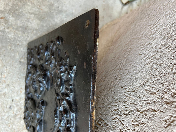 Antique English Fireback Cast Iron Hearth Panel Kitchen Backsplash Floral Music