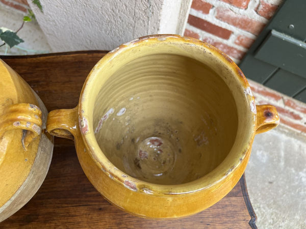 19th century PAIR Set 2 French Confit Pot Yellow Glazed Pottery Provincial