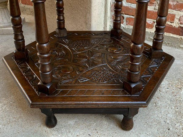 19th century French Carved Oak Center Side Table Hexagon Two Tier Shelf
