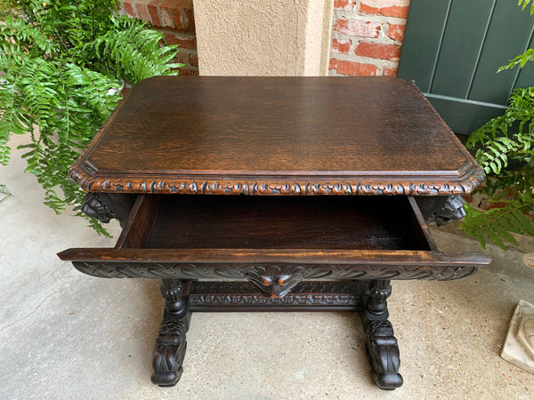 Antique Petite French Carved Oak Dolphin Table Desk Renaissance Gothic 19th c