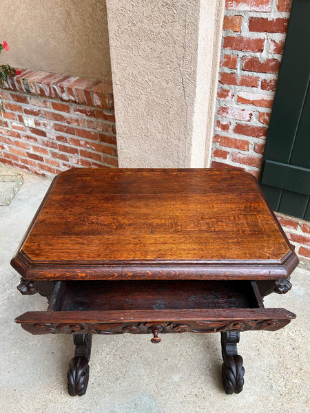 19th century Petite English Sofa Table Library Desk Renaissance Carved Oak