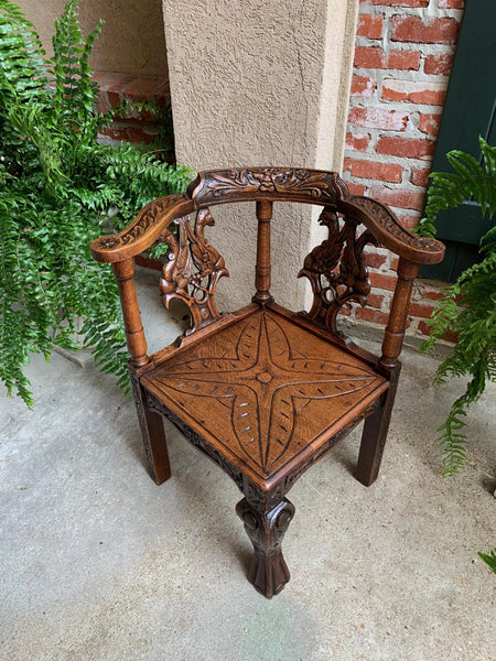 Antique French Carved Oak Corner Arm Chair Renaissance Louis XIV style