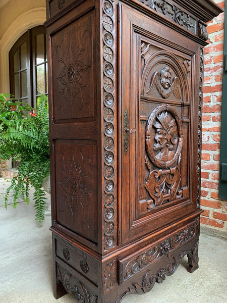 Antique French Carved Oak Storage Cabinet Renaissance Roman Centurion 19th cent