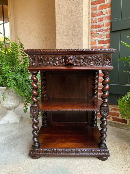 Antique French Carved Oak Petite Bookcase Server Barley Twist Display Louis XIII