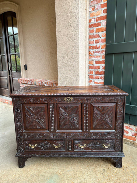 19th century Antique English Trunk Coffer Blanket Chest Carved Oak Foyer Table