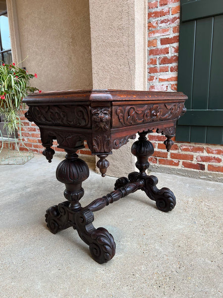 19th century Petite English Sofa Table Library Desk Renaissance Carved Oak