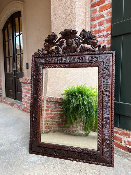 Antique French Pier Wall Mirror Renaissance Black Forest Lion Crest Carved Oak
