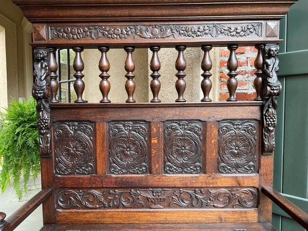 19th century French Hall Bench Settle Renaissance Carved Oak Cherub Black Forest