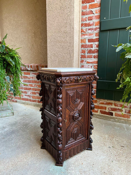 19th century French Louis XIII Cabinet Pedestal Table White Marble Carved Oak