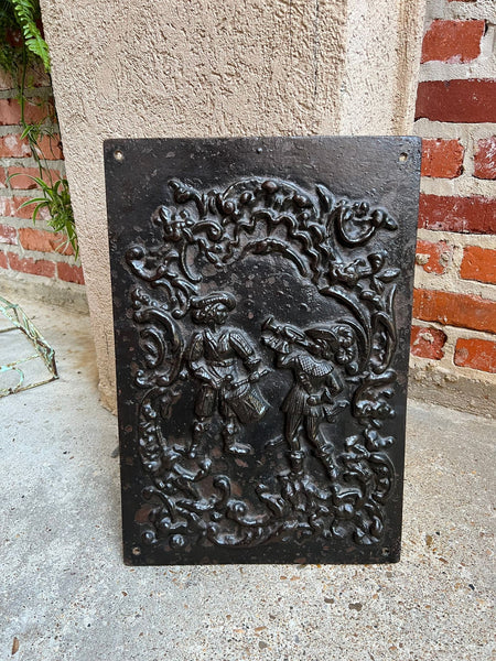 Antique English Fireback Cast Iron Hearth Panel Kitchen Backsplash Floral Music