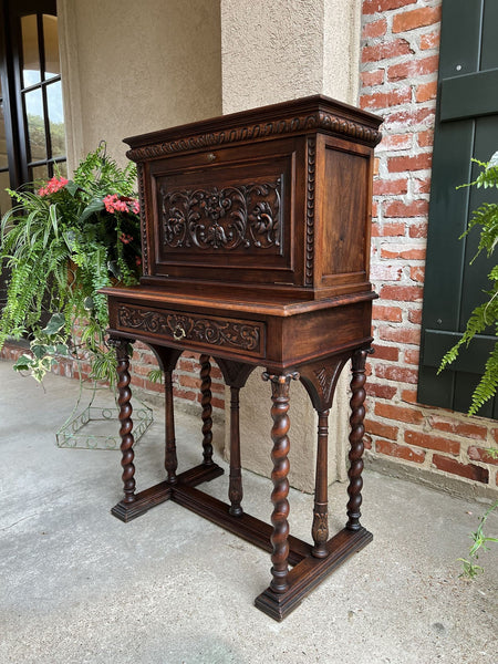 19th century French Carved Secretary Petite Writing Desk Barley Twist Louis XIII