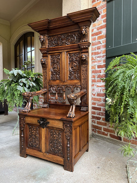 19th century French Carved Walnut Hall Bench Breton Brittany Pew Renaissance