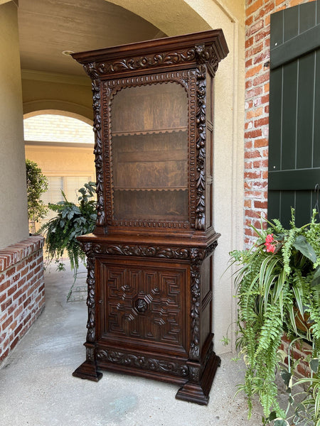 19th century French Bookcase Cabinet Carved Oak Black Forest Renaissance Display