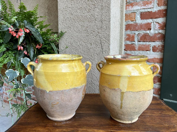 19th century PAIR Set 2 French Confit Pot Yellow Glazed Pottery Provincial