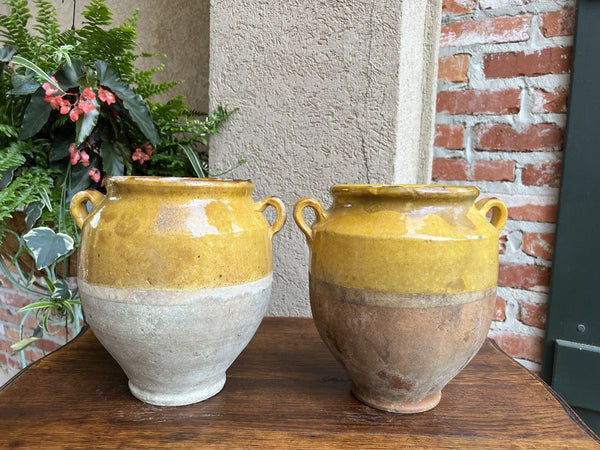 19th century PAIR Set 2 French Confit Pot Yellow Glazed Pottery Provincial