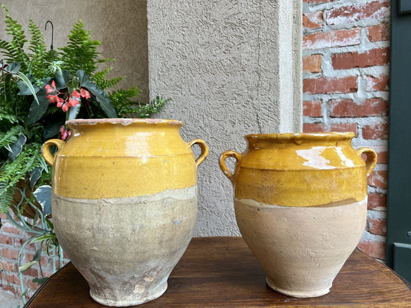 19th century PAIR Set 2 French Confit Pot Yellow Glazed Pottery Provincial
