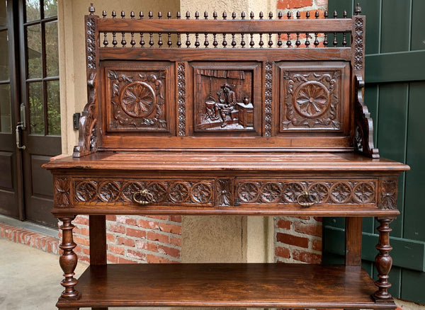 19th century  French Carved Oak Server Sideboard Display Breton Brittany Marble