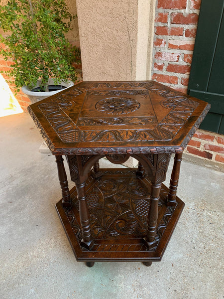 19th century French Carved Oak Center Side Table Hexagon Two Tier Shelf