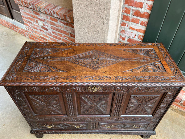 19th century Antique English Trunk Coffer Blanket Chest Carved Oak Foyer Table
