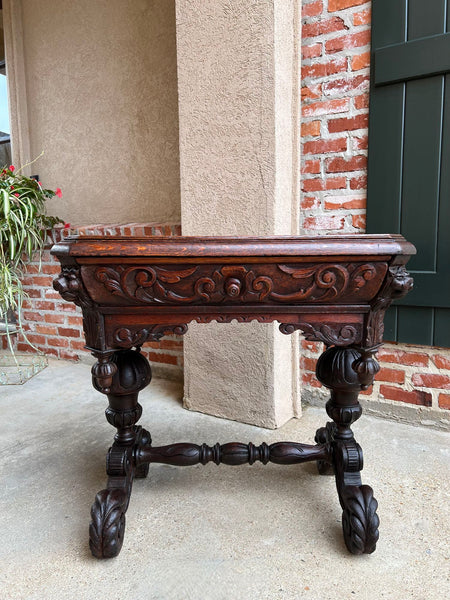 19th century Petite English Sofa Table Library Desk Renaissance Carved Oak