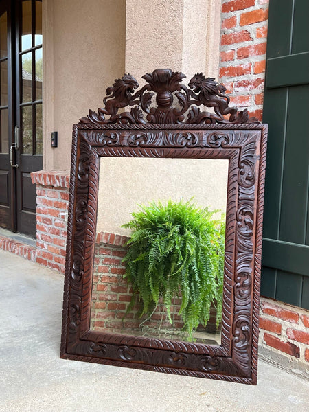 Antique French Pier Wall Mirror Renaissance Black Forest Lion Crest Carved Oak