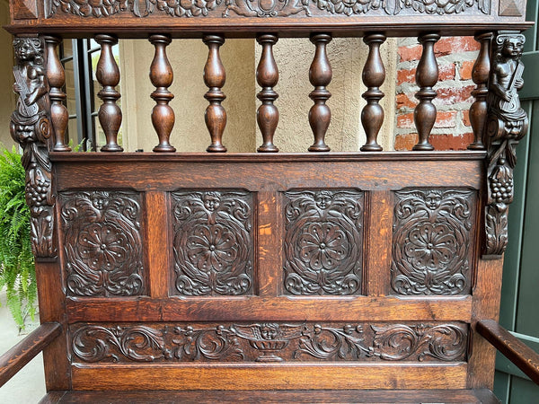 19th century French Hall Bench Settle Renaissance Carved Oak Cherub Black Forest