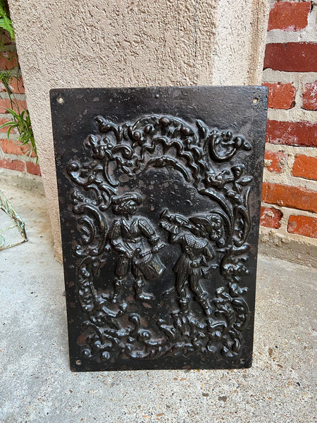 Antique English Fireback Cast Iron Hearth Panel Kitchen Backsplash Floral Music
