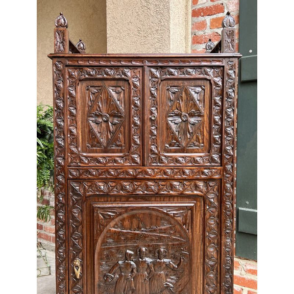 Antique French Carved Chestnut Cabinet Bonnetiere Armoire Breton Brittany