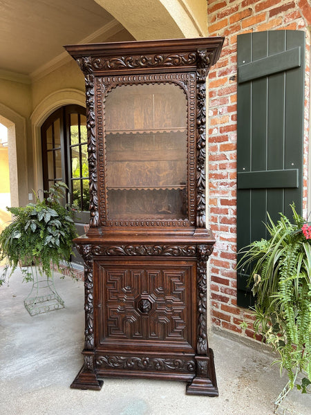 19th century French Bookcase Cabinet Carved Oak Black Forest Renaissance Display