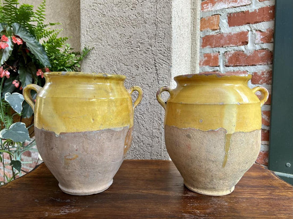 19th century PAIR Set 2 French Confit Pot Yellow Glazed Pottery Provincial