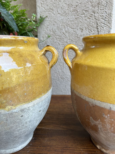 19th century PAIR Set 2 French Confit Pot Yellow Glazed Pottery Provincial