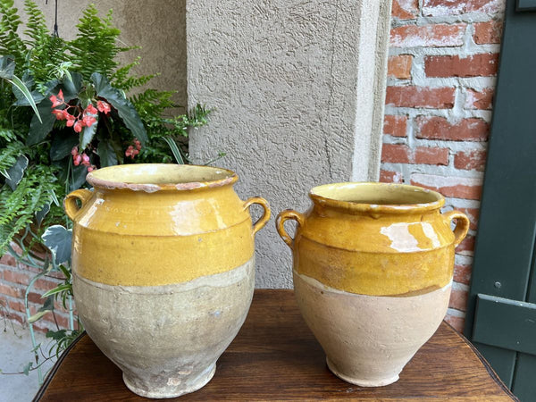 19th century PAIR Set 2 French Confit Pot Yellow Glazed Pottery Provincial