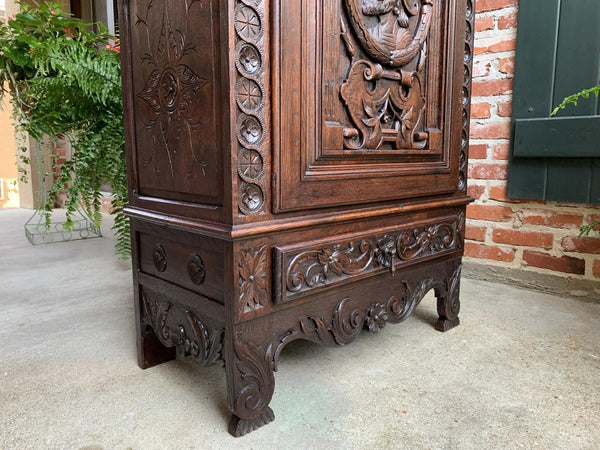 Antique French Carved Oak Storage Cabinet Renaissance Roman Centurion 19th cent