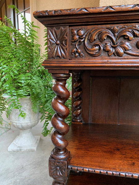 Antique French Carved Oak Petite Bookcase Server Barley Twist Display Louis XIII