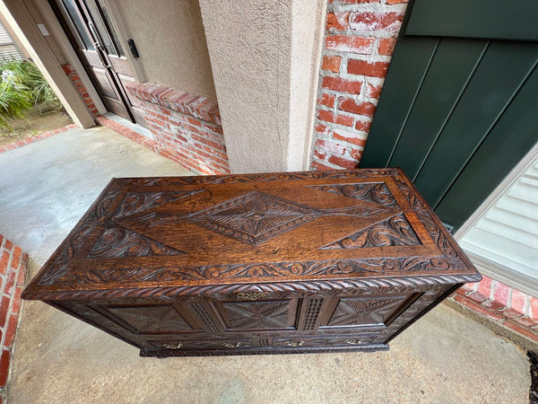 19th century Antique English Trunk Coffer Blanket Chest Carved Oak Foyer Table