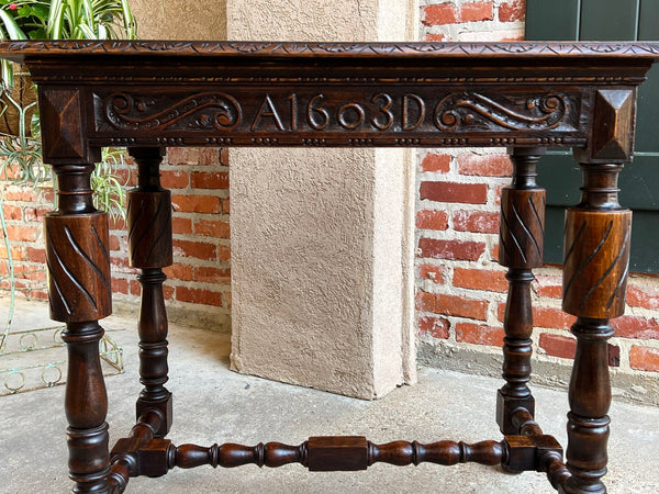 Antique English Carved Oak Hall Sofa Table British Tudor c1900