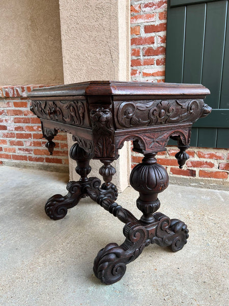 19th century Petite English Sofa Table Library Desk Renaissance Carved Oak