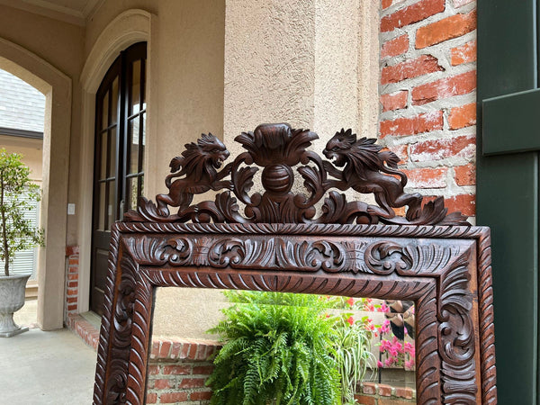 Antique French Pier Wall Mirror Renaissance Black Forest Lion Crest Carved Oak