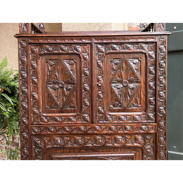 Antique French Carved Chestnut Cabinet Bonnetiere Armoire Breton Brittany
