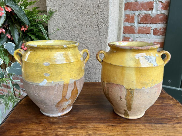 19th century PAIR Set 2 French Confit Pot Yellow Glazed Pottery Provincial