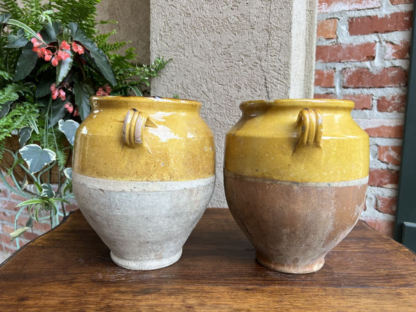 19th century PAIR Set 2 French Confit Pot Yellow Glazed Pottery Provincial